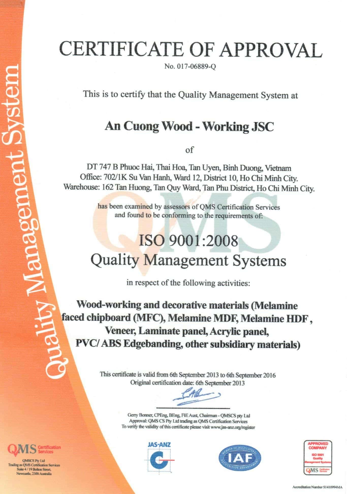 CÔNG TY CỔ PHẦN GỖ AN CƯỜNG ĐÓN NHẬN GIẤY CHỨNG NHẬN ISO 9001:2008