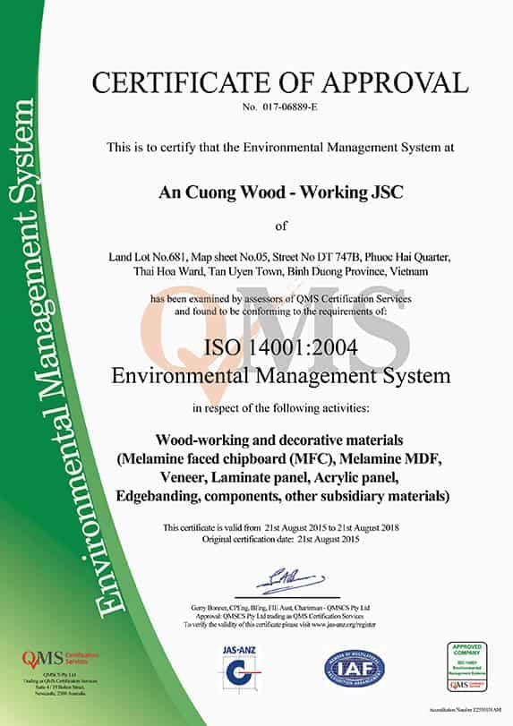 CÔNG TY CỔ PHẦN GỖ AN CƯỜNG ĐÓN NHẬN CHỨNG CHỈ MÔI TRƯỜNG ISO 14001:2004