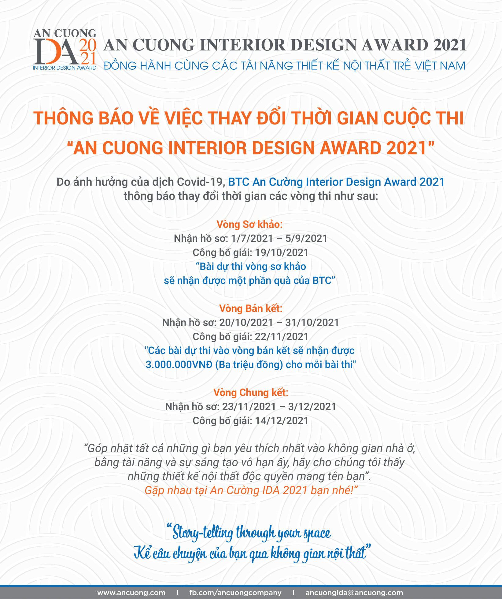THÔNG BÁO THỜI GIAN CHẤM THI VÀ CÔNG BỐ GIẢI THƯỞNG "AN CƯỜNG INTERIOR DESIGN AWARD 2021"