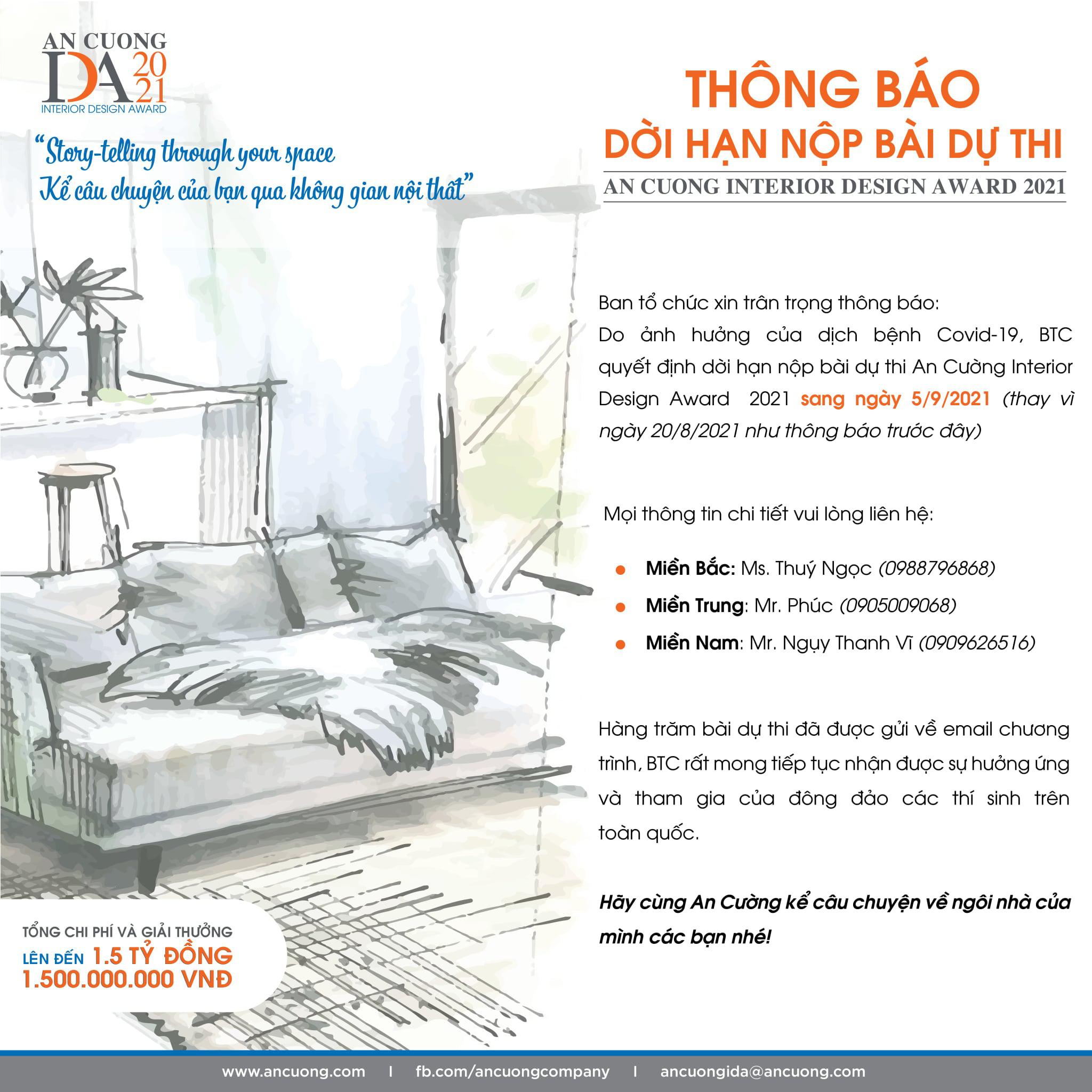 THÔNG BÁO DỜI HẠN NỘP BÀI DỰ THI AN CƯỜNG INTERIOR DESIGN AWARD 2021