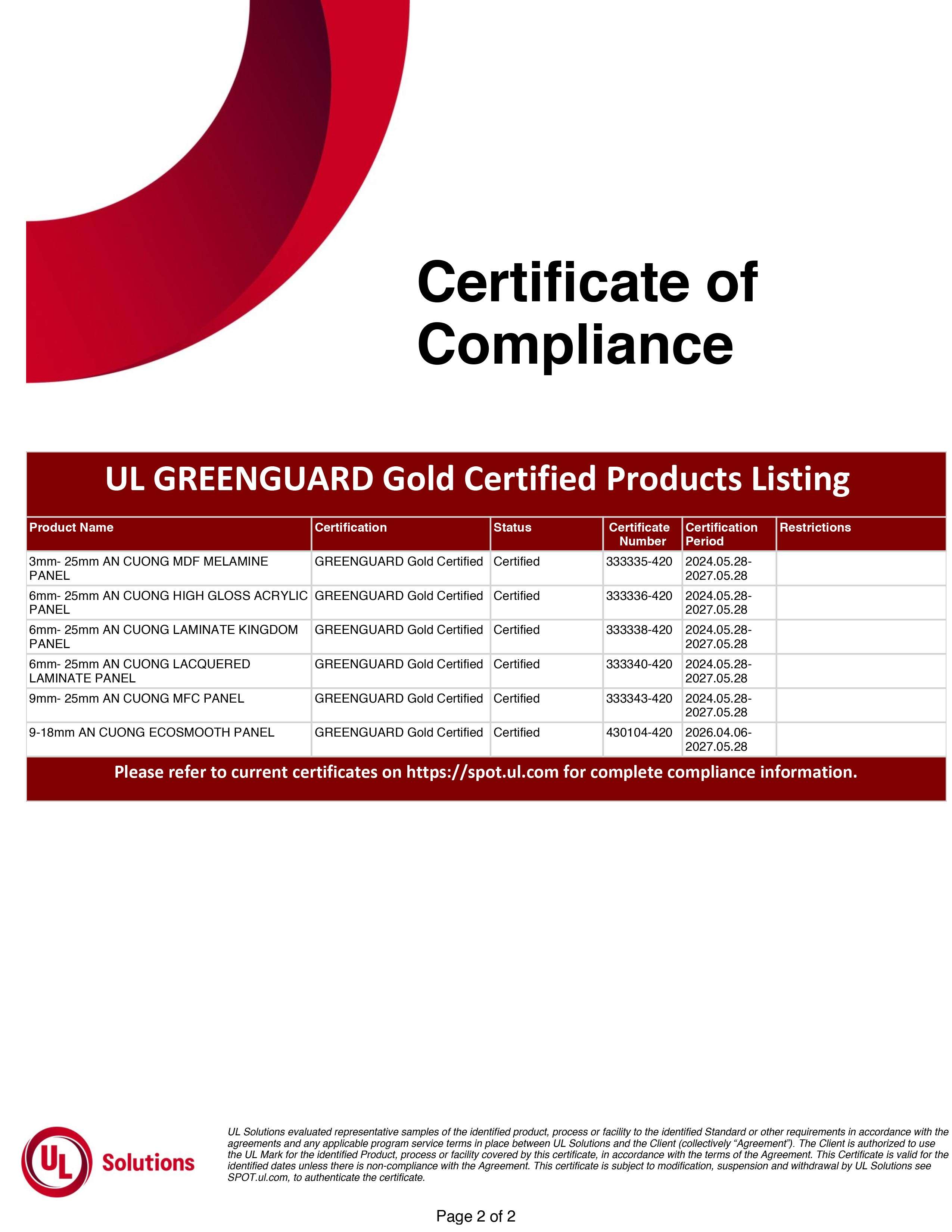 CHỨNG NHẬN GREENGUARD GOLD