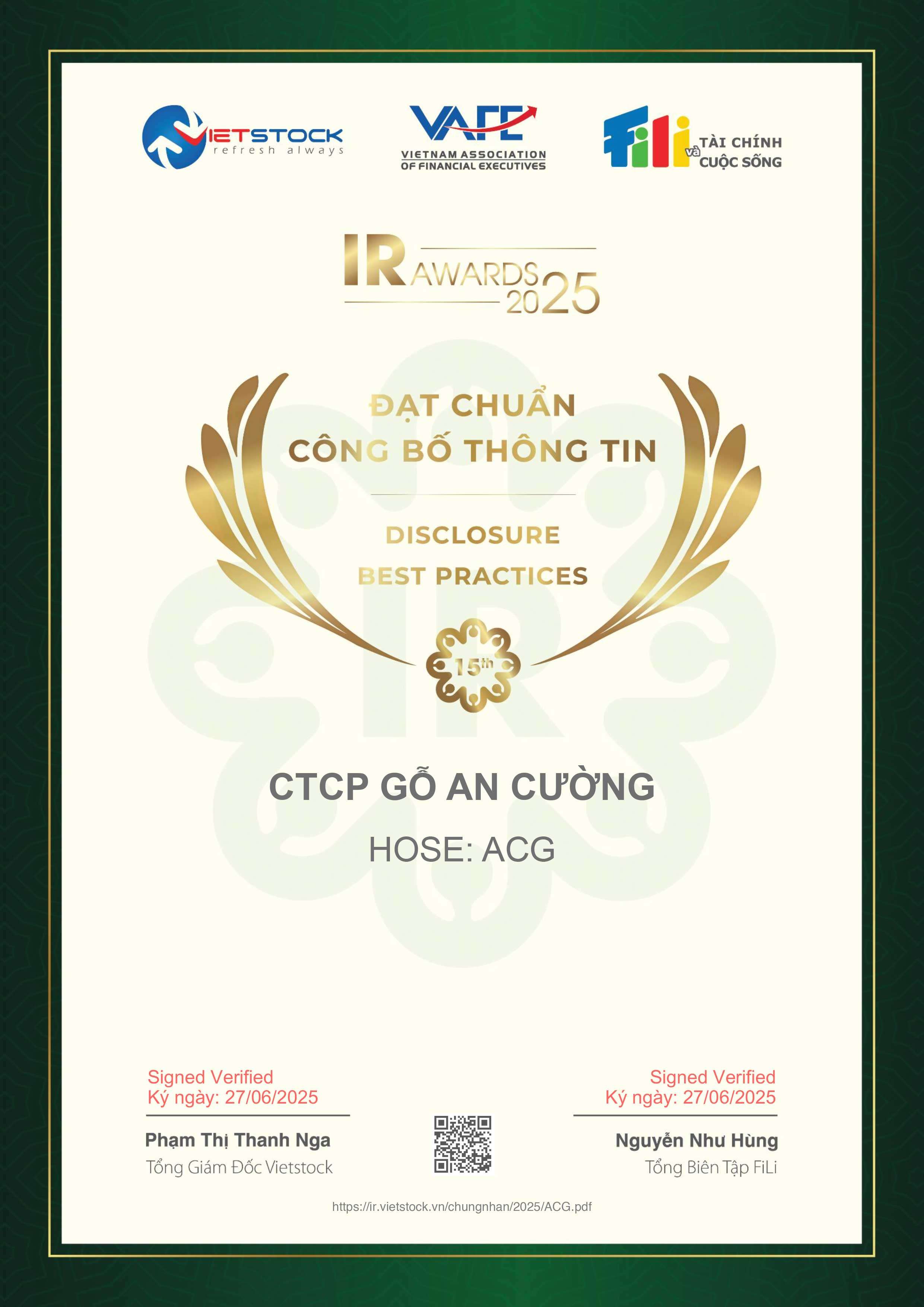 IR AWARDS 2025 - ĐẠT CHUẨN CÔNG BỐ THÔNG TIN
