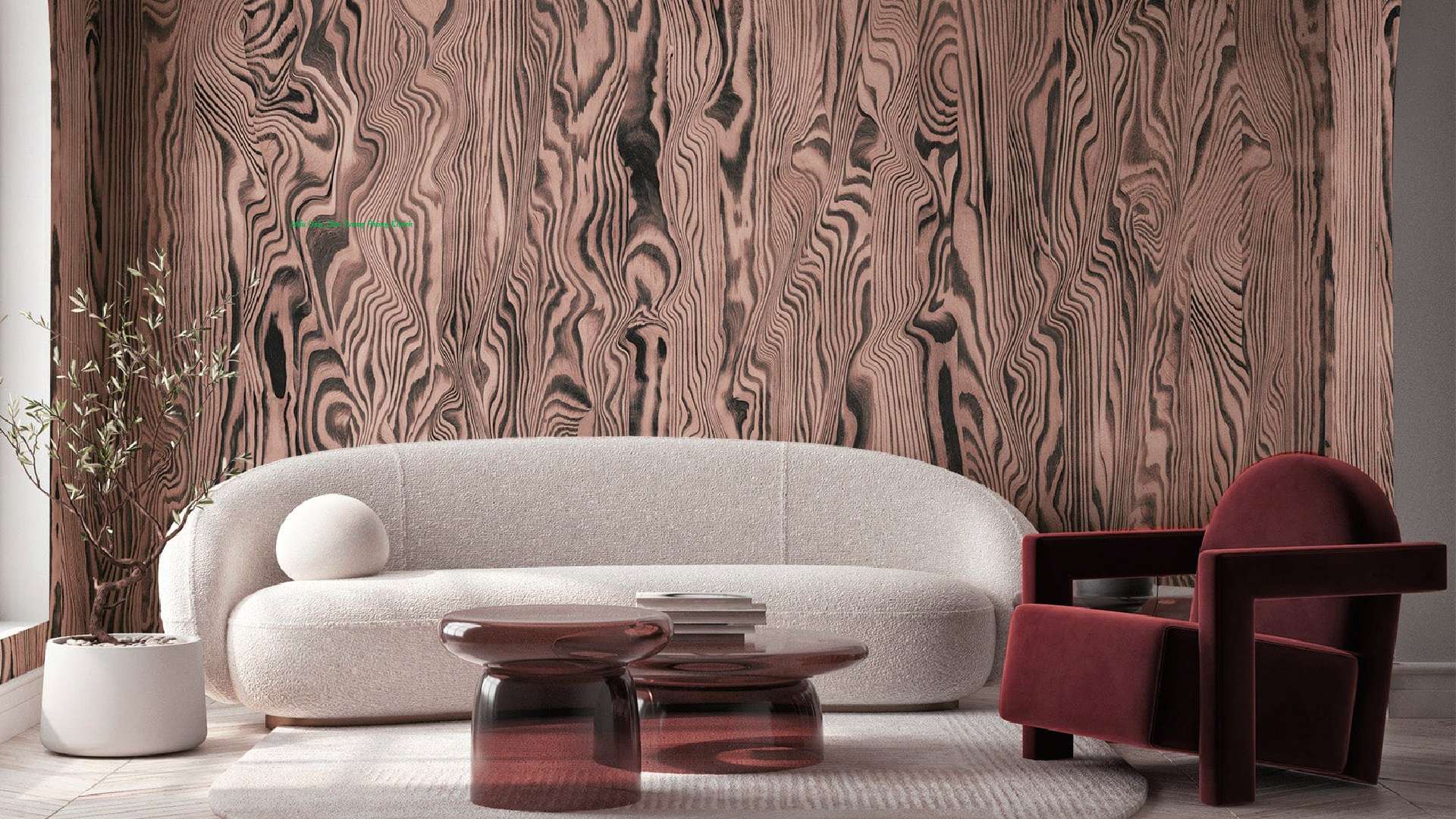 giấy dán tường phòng khách vân gỗ anh đào