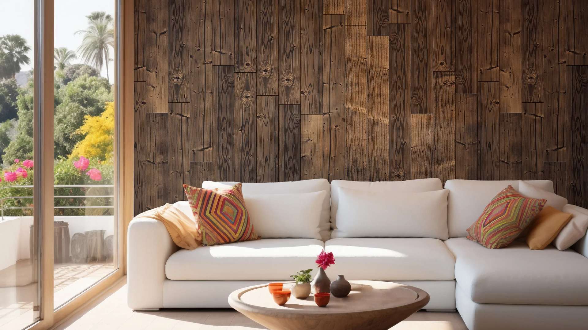 giấy dán tường phòng khách vân gỗ sồi