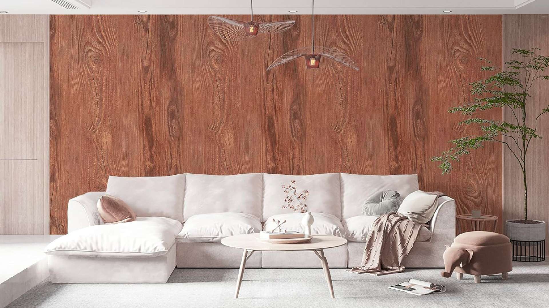 mẫu giấy dán tường phòng khách vân gỗ anh đào