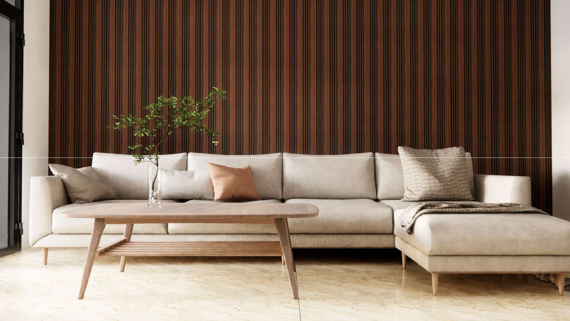 mẫu giấy dán tường phòng khách vân gỗ óc chó