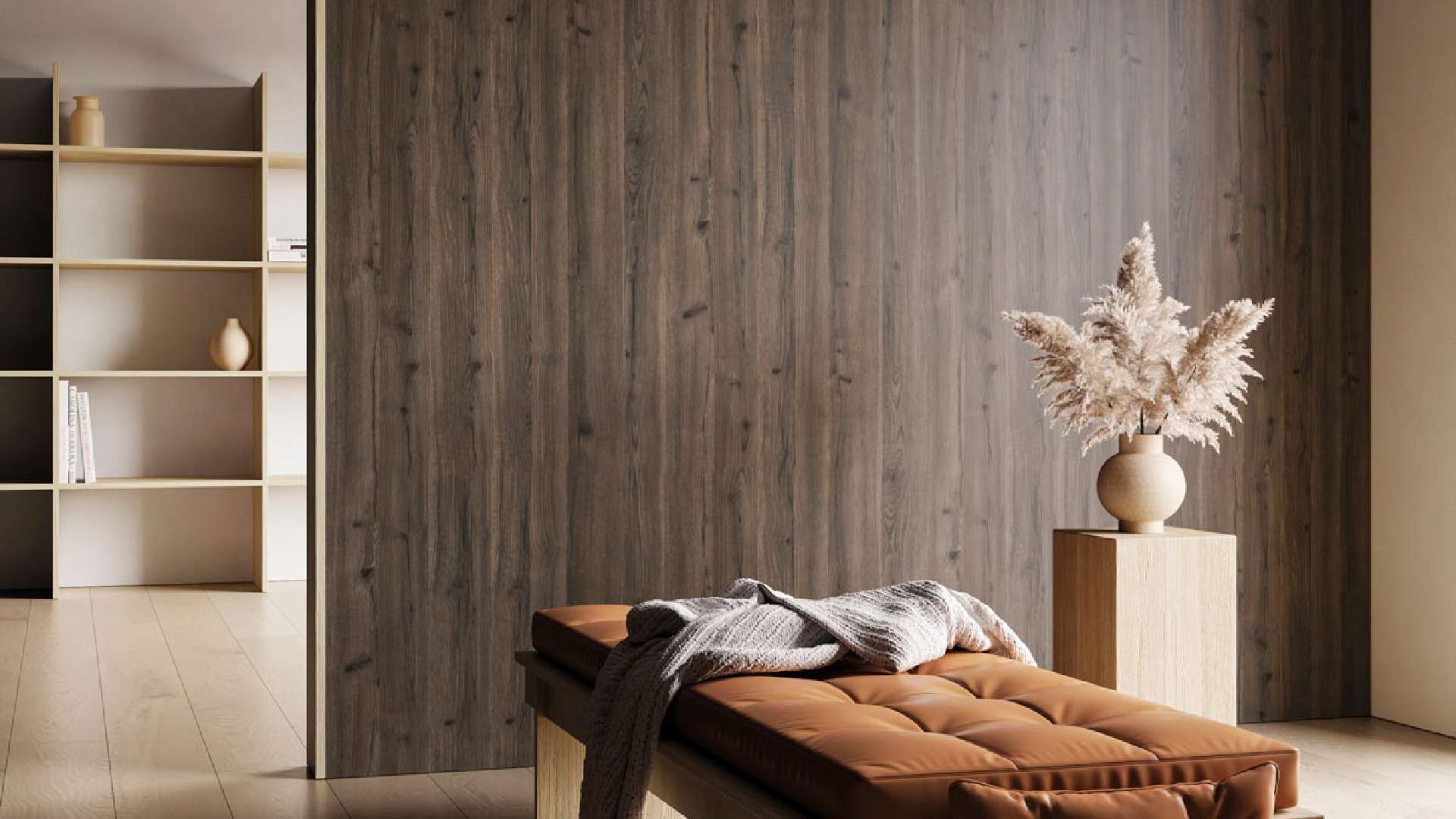 mẫu giấy dán tường phòng khách vân gỗ tần bì