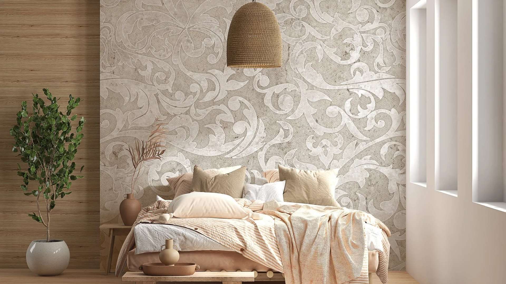 mẫu giấy dán tường phòng ngủ màu kem