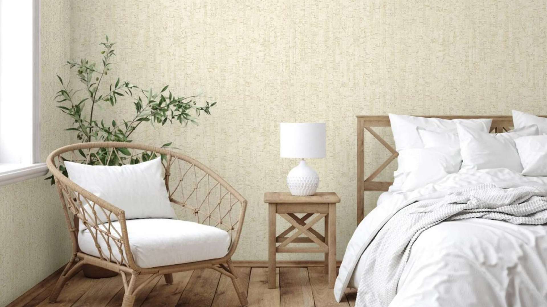 mẫu giấy dán tường phòng ngủ tone kem