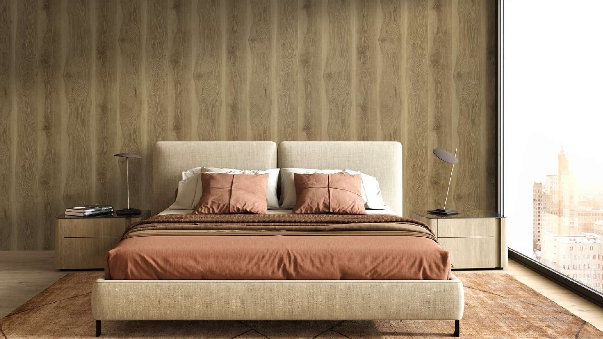 mẫu giấy dán tường phòng ngủ vân óc chó