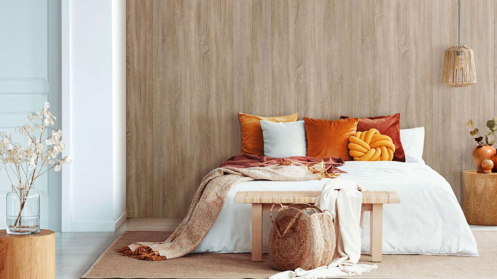 mẫu giấy dán tường phòng ngủ vân sồi