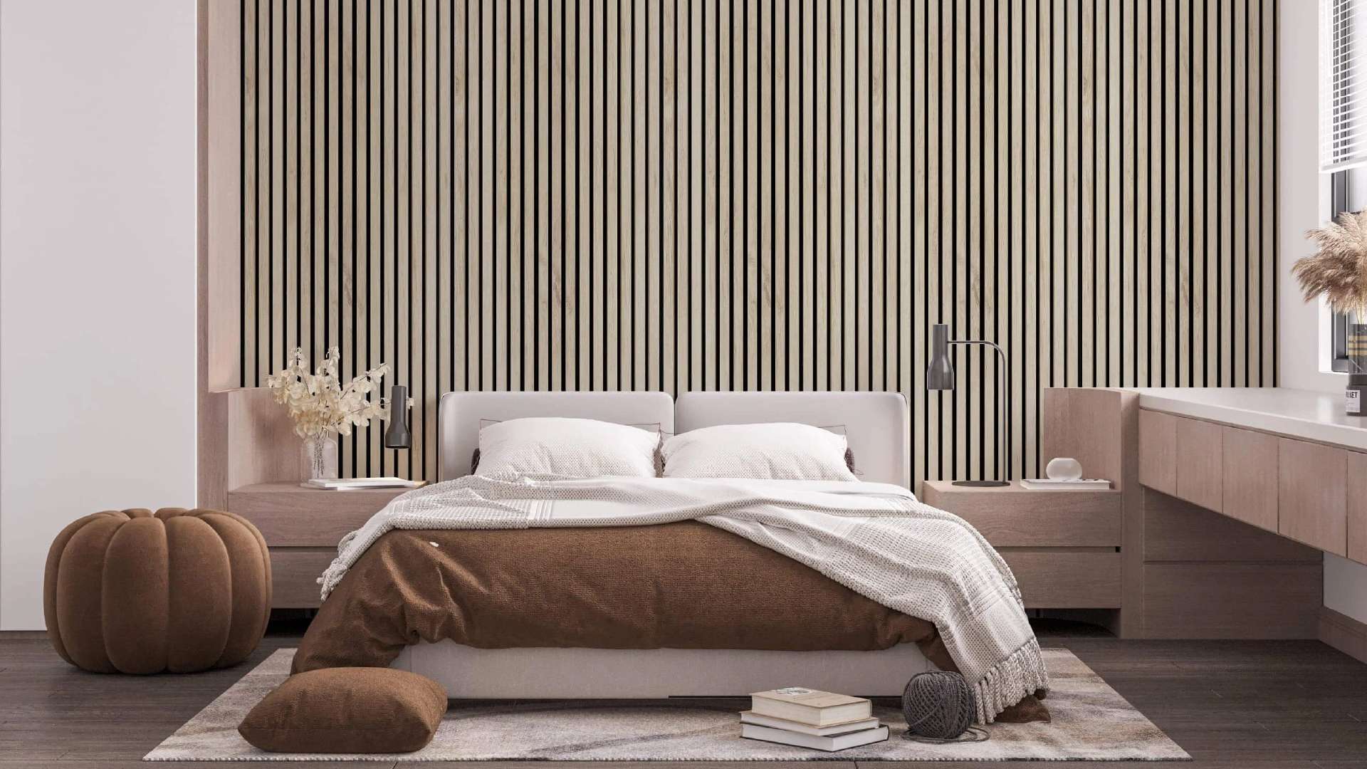 mẫu giấy dán tường vân gỗ sồi phòng ngủ