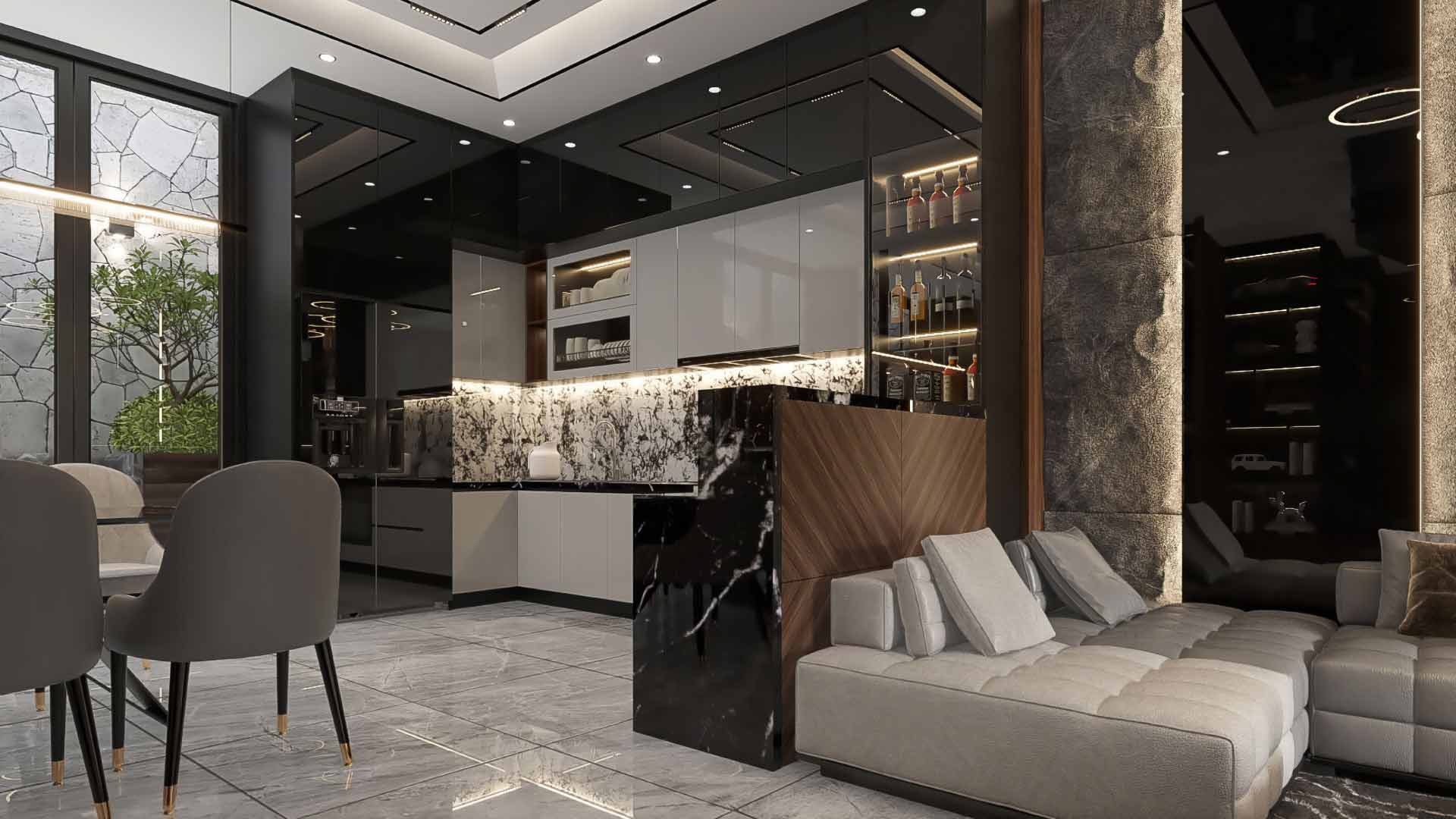 không gian mở với nội thất bằng gỗ