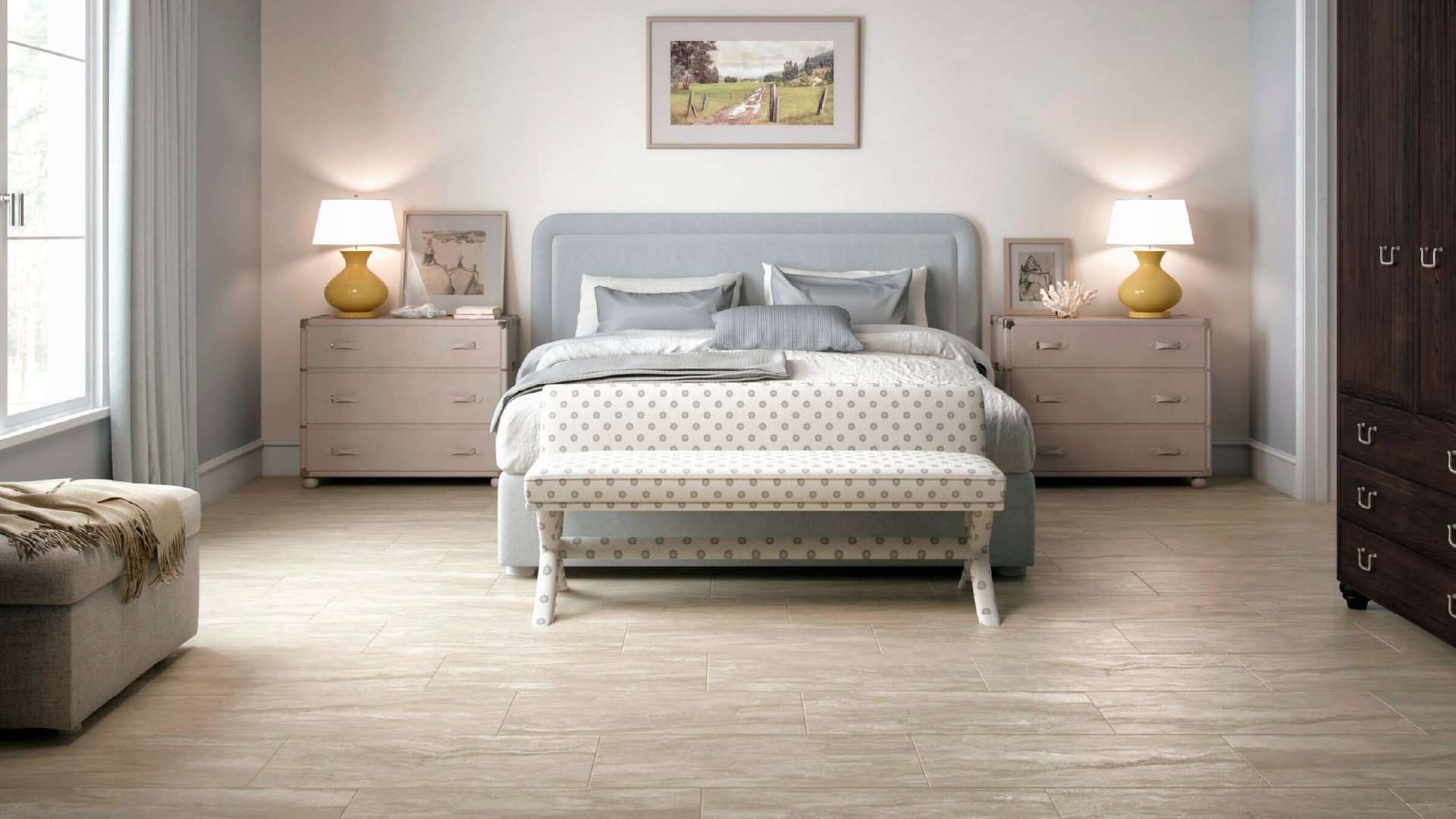 phòng ngủ với sàn gỗ màu nâu nhạt lắp đặt đơn giản