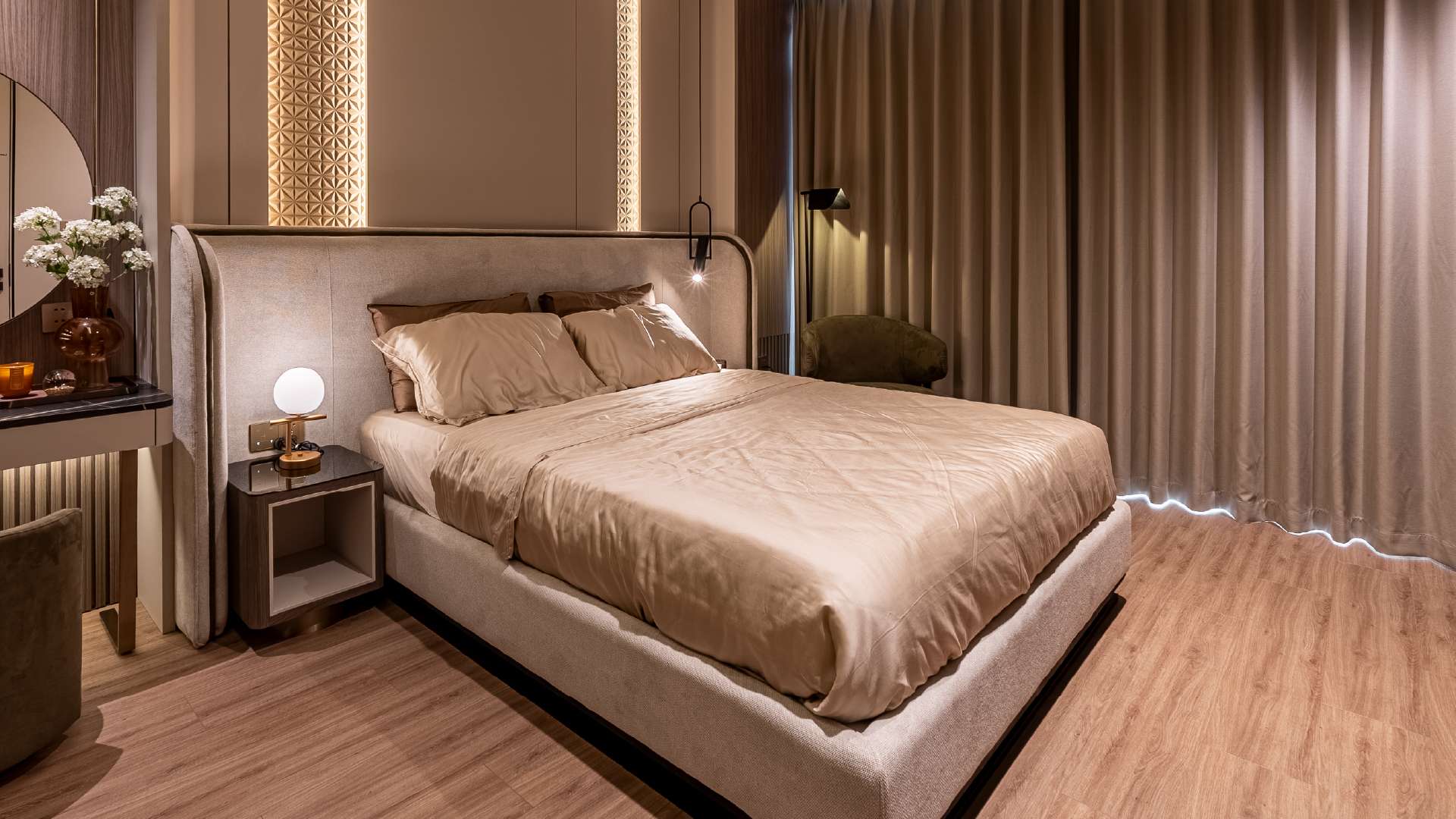 sàn gỗ công nghiệp vân sồi trong phòng ngủ hiện đại