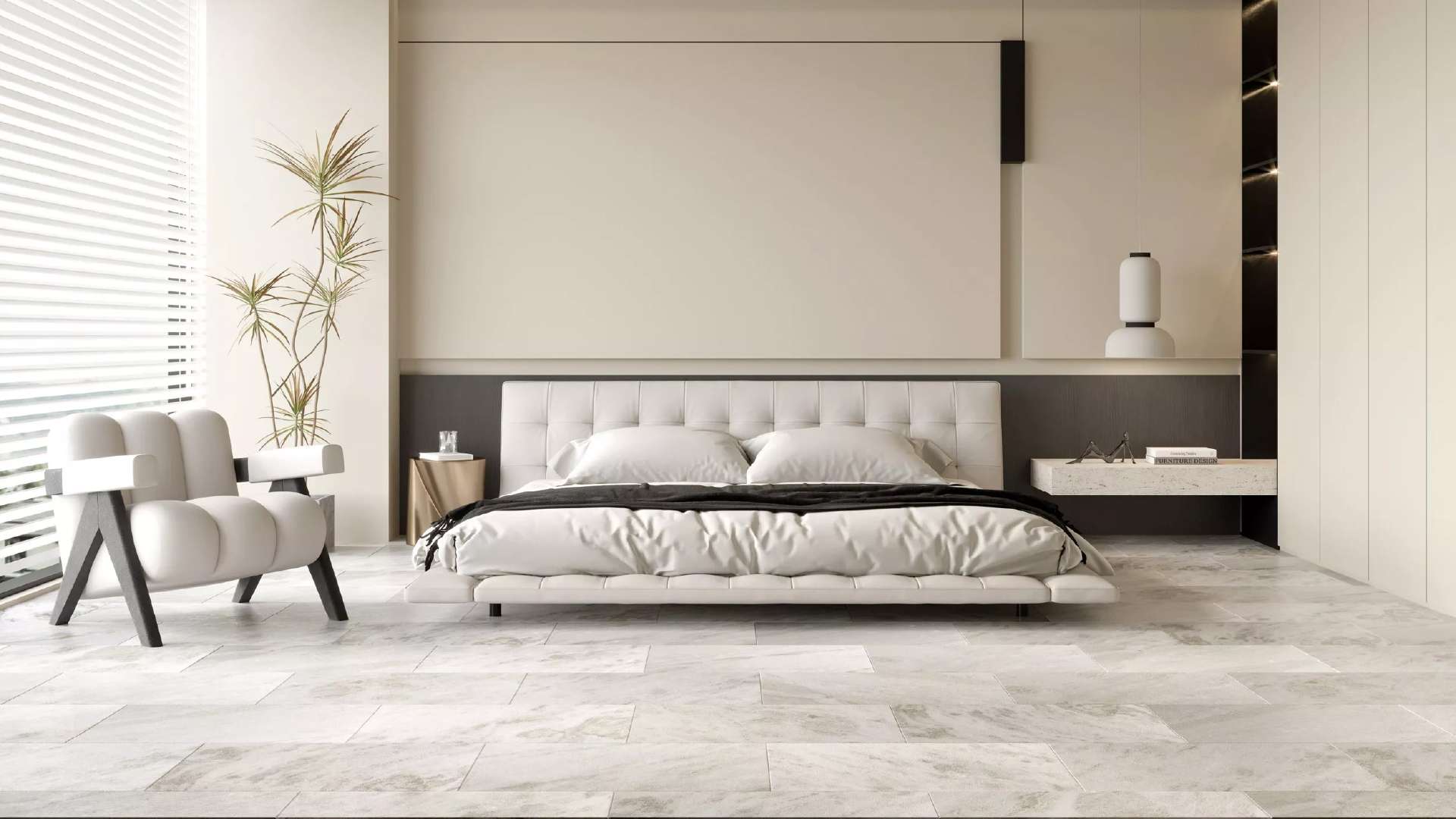 sàn gỗ vân đá marble trong phòng ngủ hiện đại