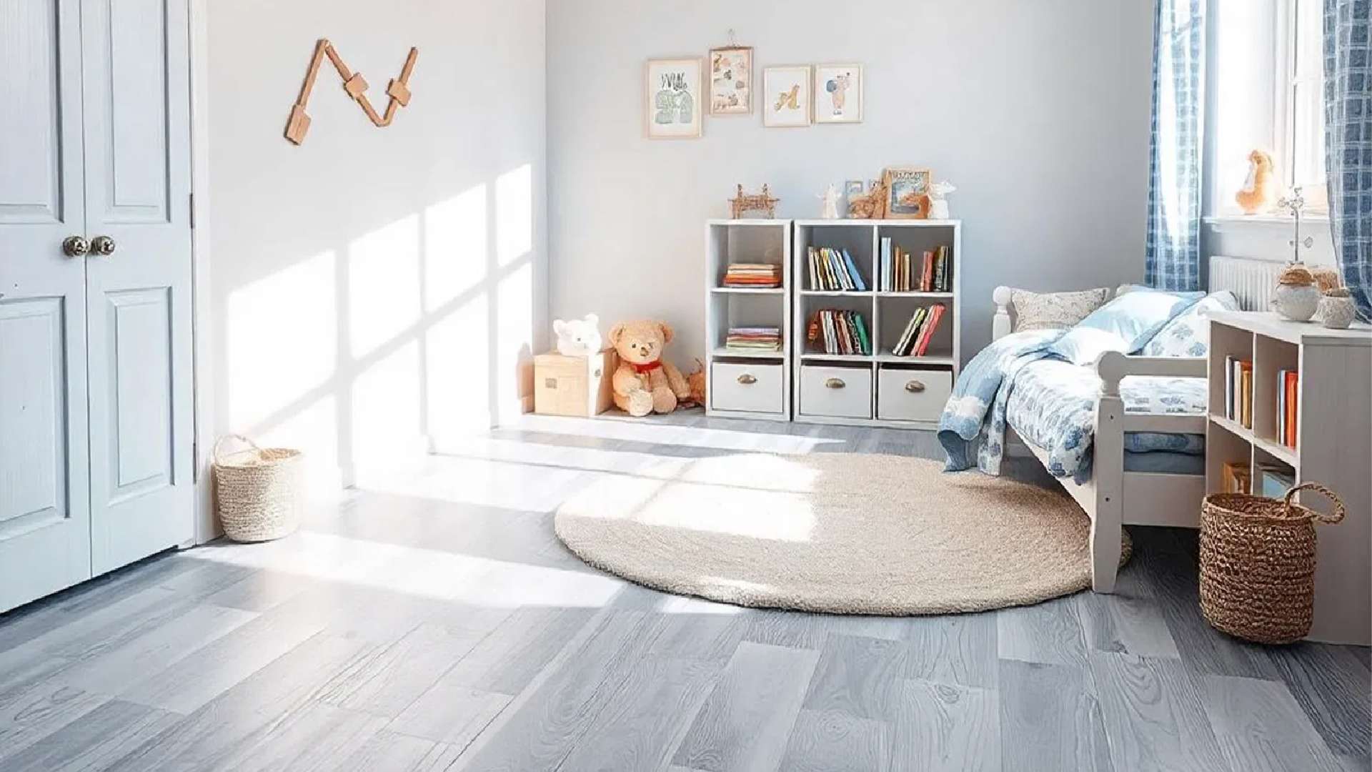 sàn nhựa giả gỗ vân sồi xám trong phòng ngủ trẻ em