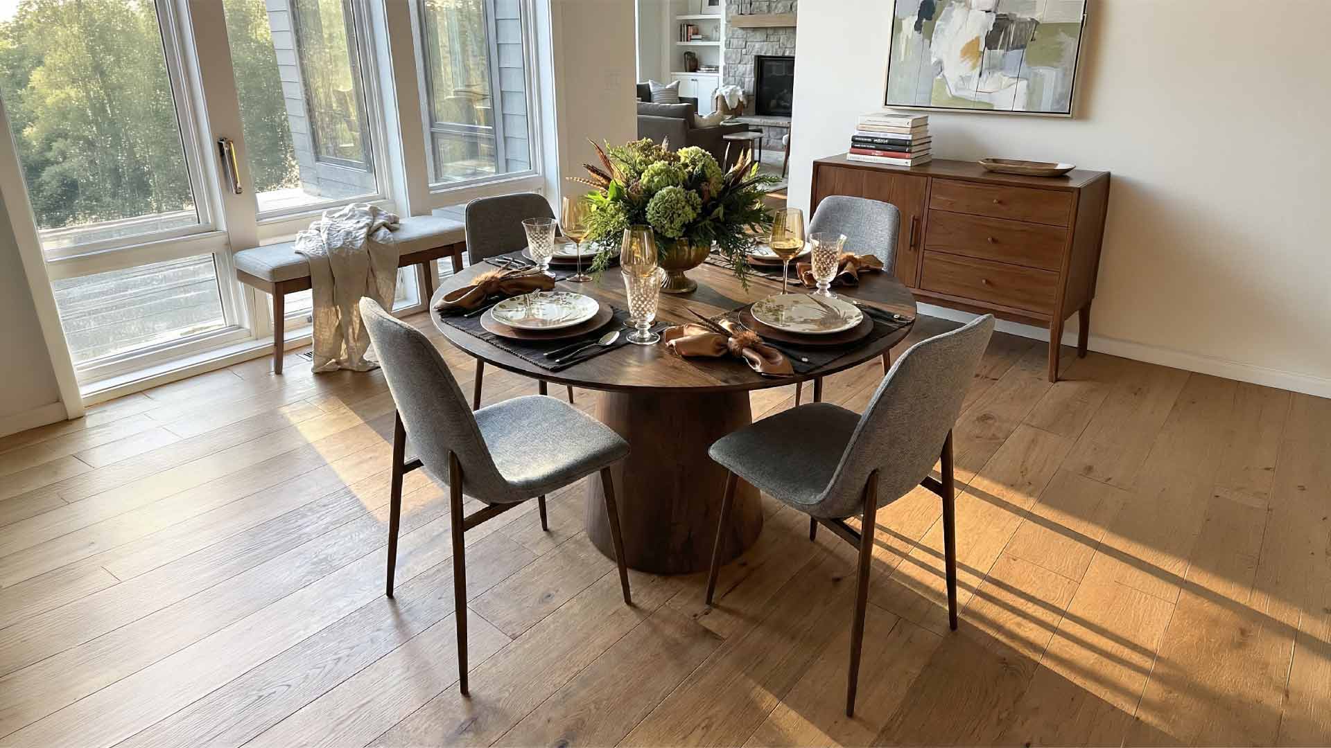 mẫu bàn ăn tròn 4 ghế gỗ công nghiệp