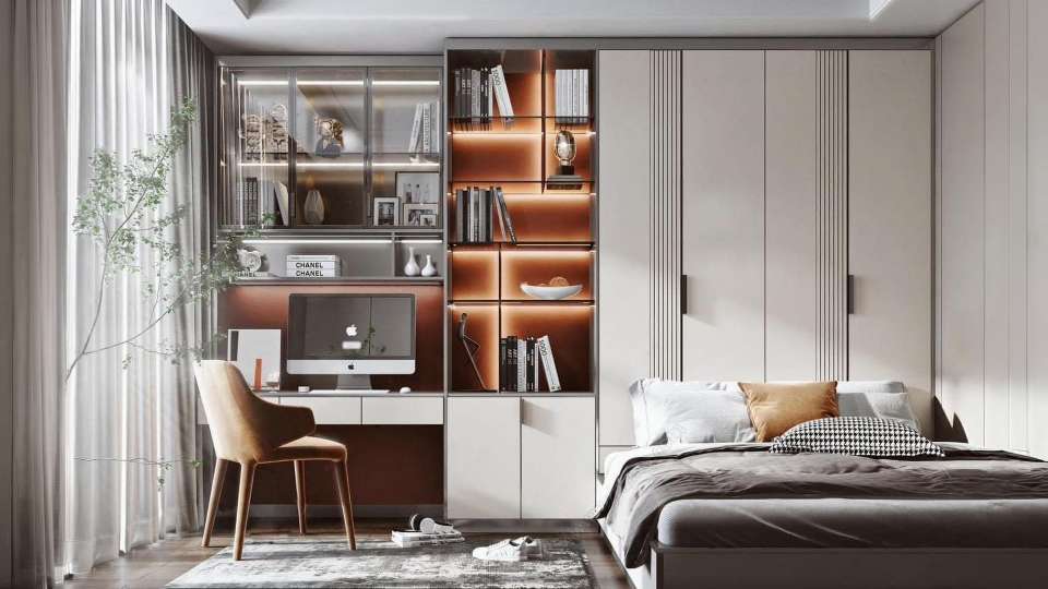 kệ sách âm tường bằng gỗ