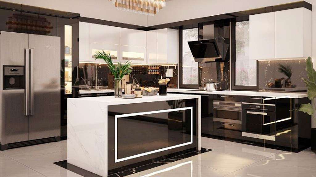 mẫu tủ bếp acrylic kết hợp bàn đảo