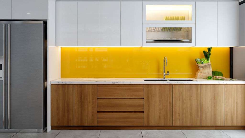 mẫu tủ bếp chữ i phủ acrylic