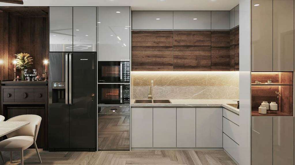 mẫu tủ bếp chữ l phủ acrylic