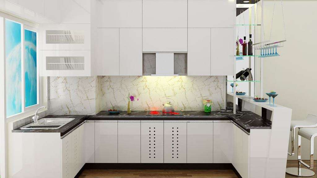 mẫu tủ bếp chữ u phủ acrylic