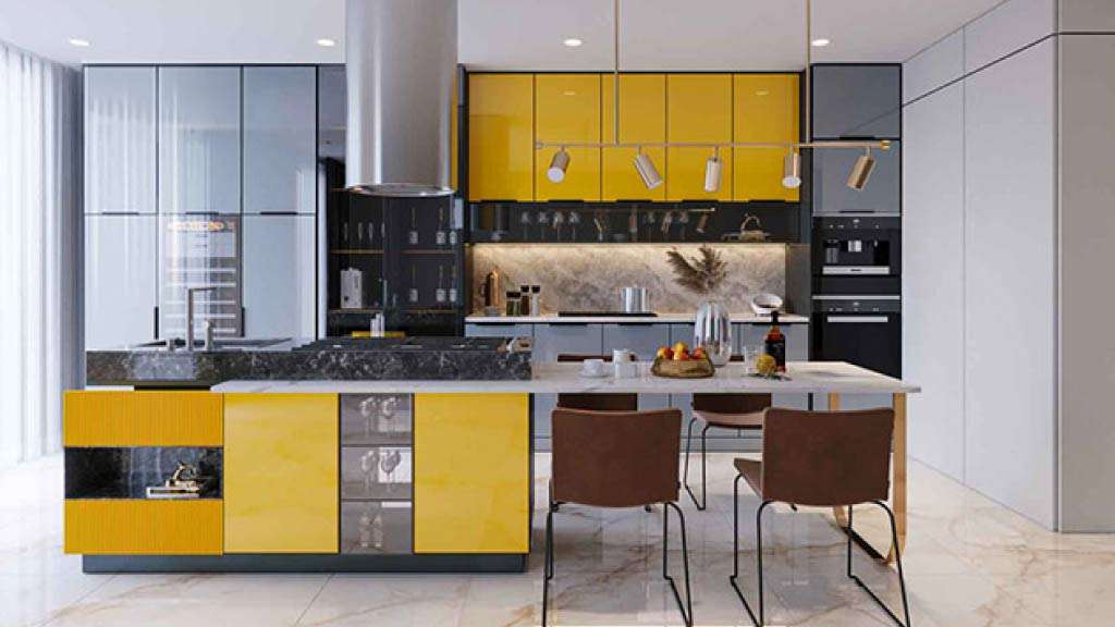 mẫu tủ bếp kết hợp bàn đảo phủ acrylic