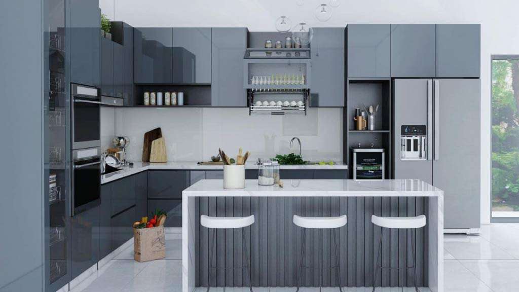 mẫu tủ bếp kết hợp quầy bar phủ acrylic