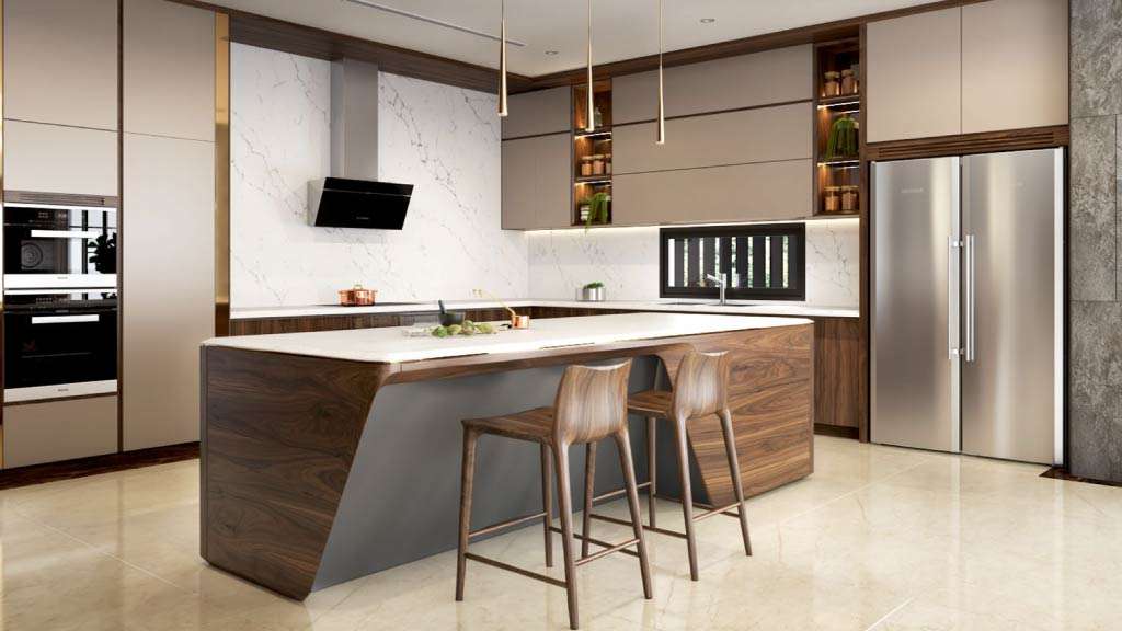 tủ bếp acrylic kết hợp bàn đảo