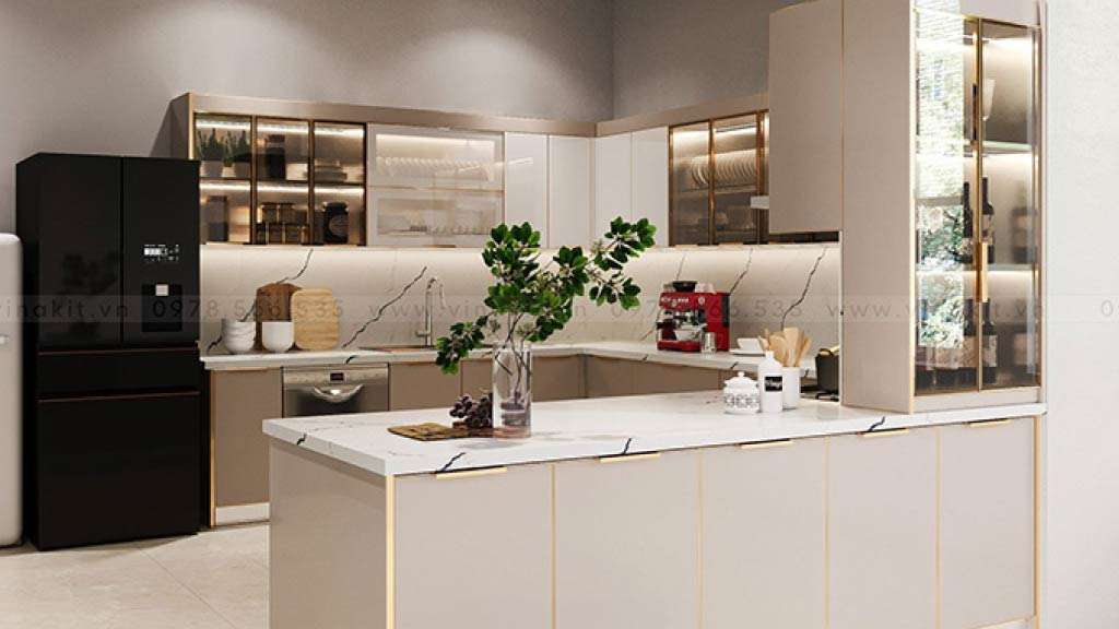 tủ bếp acrylic kết hợp quầy bar
