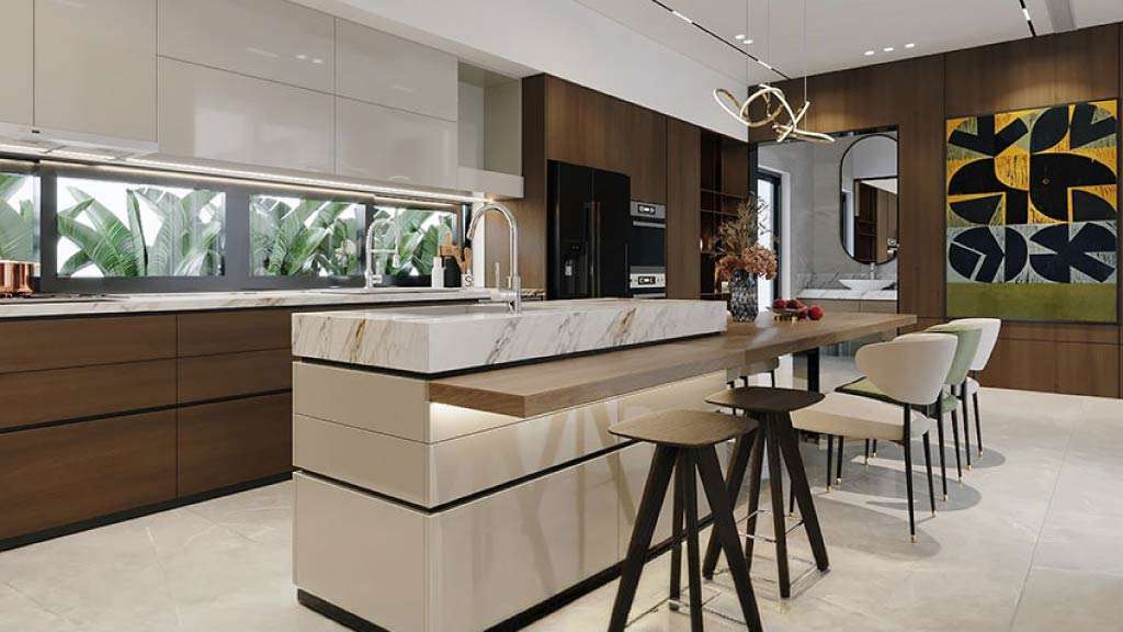 tủ bếp kết hợp bàn đảo phủ acrylic