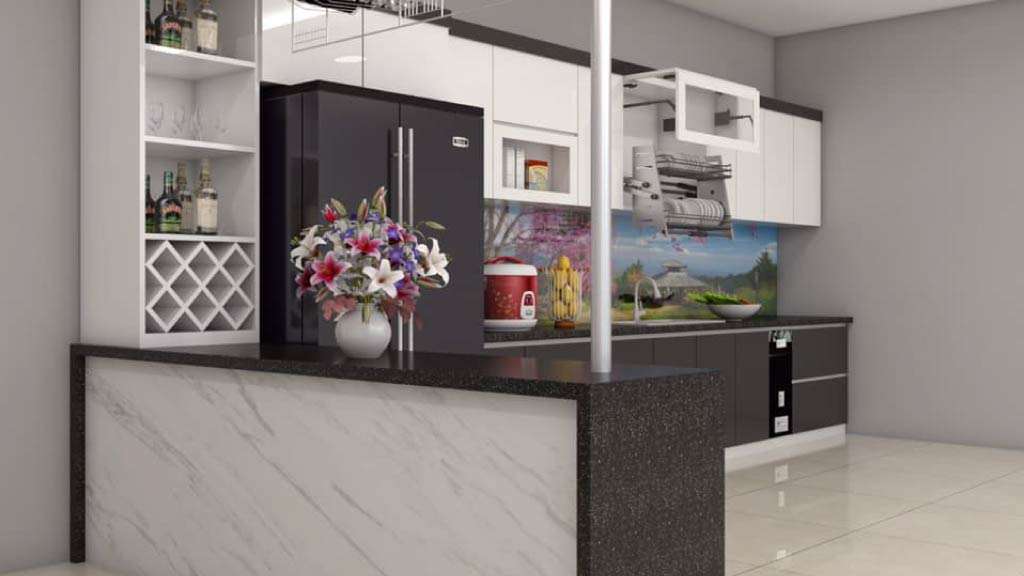 tủ bếp kết hợp quầy bar phủ acrylic