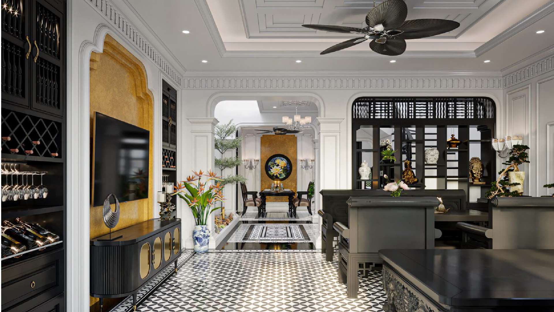 mẫu phòng bếp phong cách indochine với tủ bếp melamine