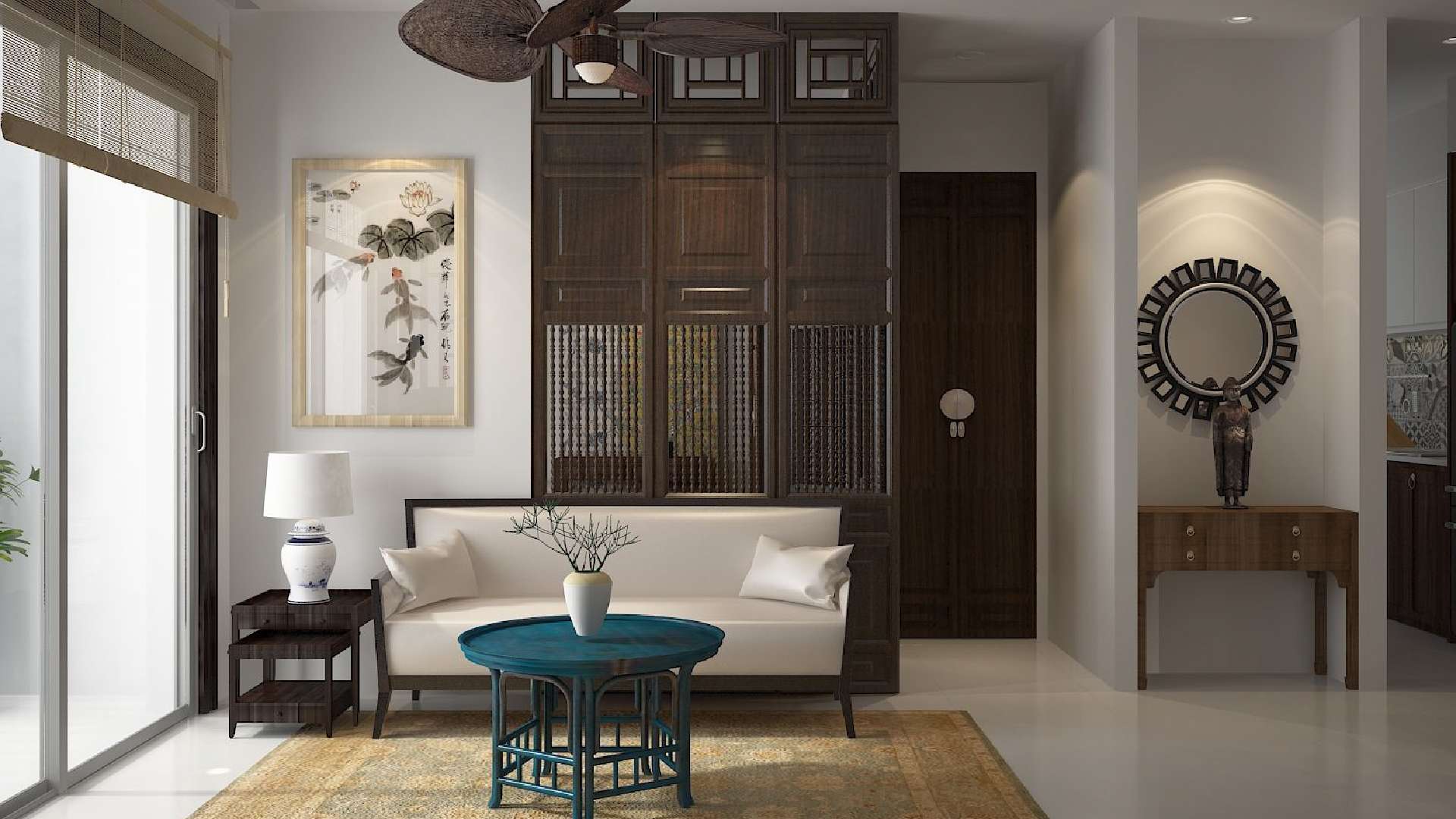 mẫu phòng khách indochine với vách ngăn gỗ công nghiệp