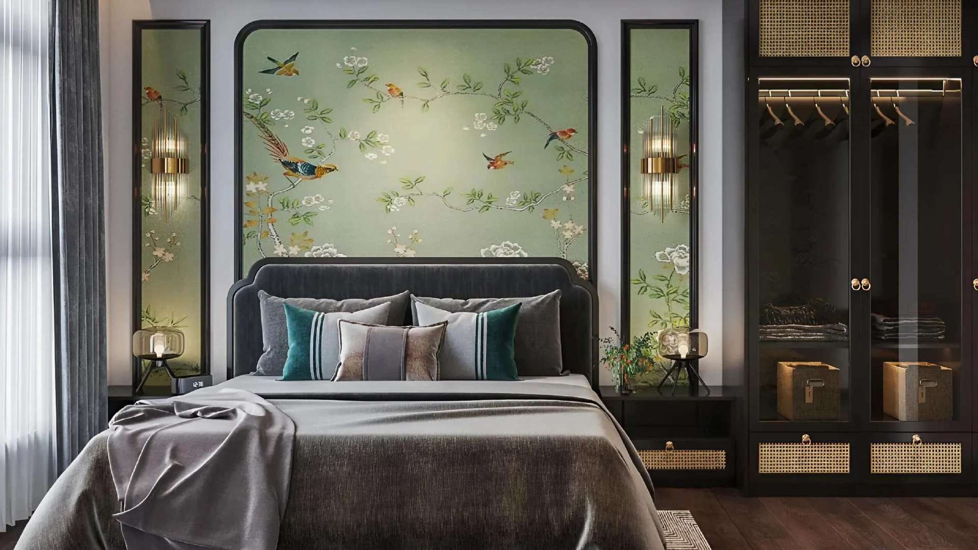 mẫu phòng ngủ phong cách đông dương với vách ốp tường gỗ công nghiệp