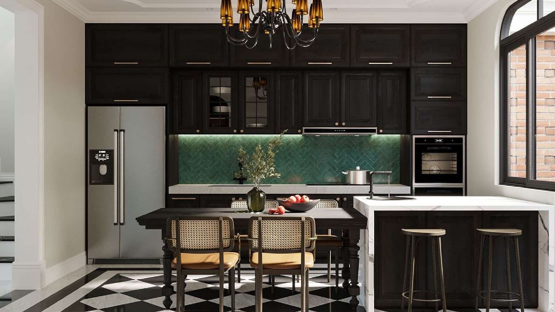 phòng bếp phong cách indochine với tủ bếp melamine