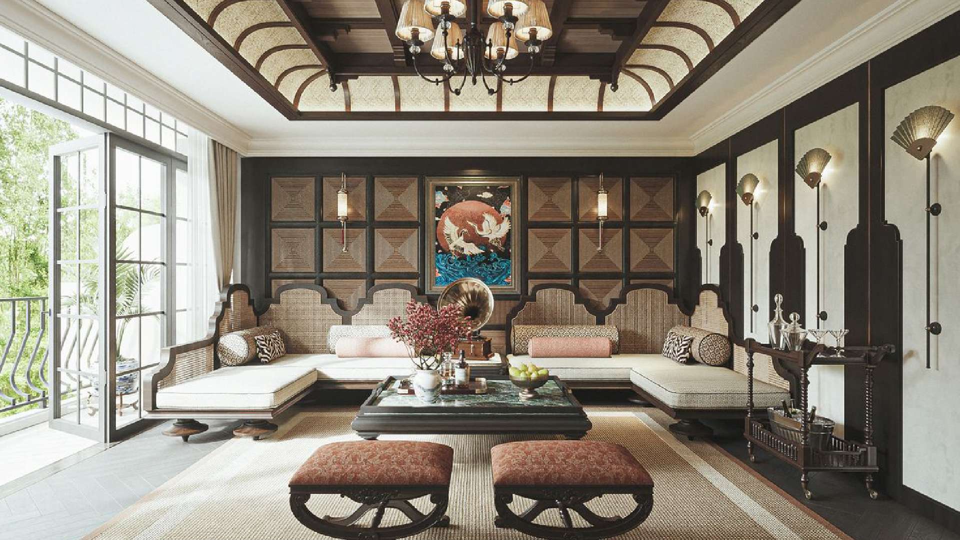 phòng khách indochine với trần gỗ công nghiệp