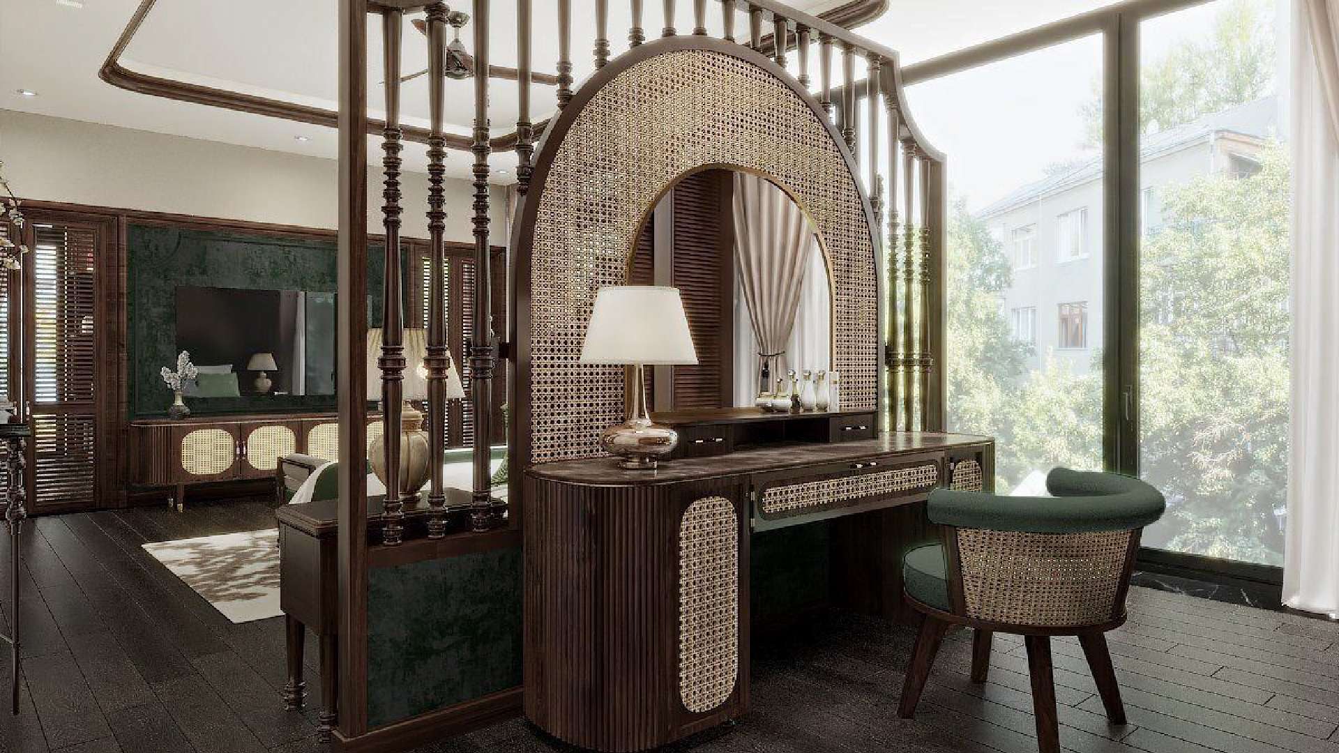 phòng khách indochine với vách ngăn gỗ công nghiệp
