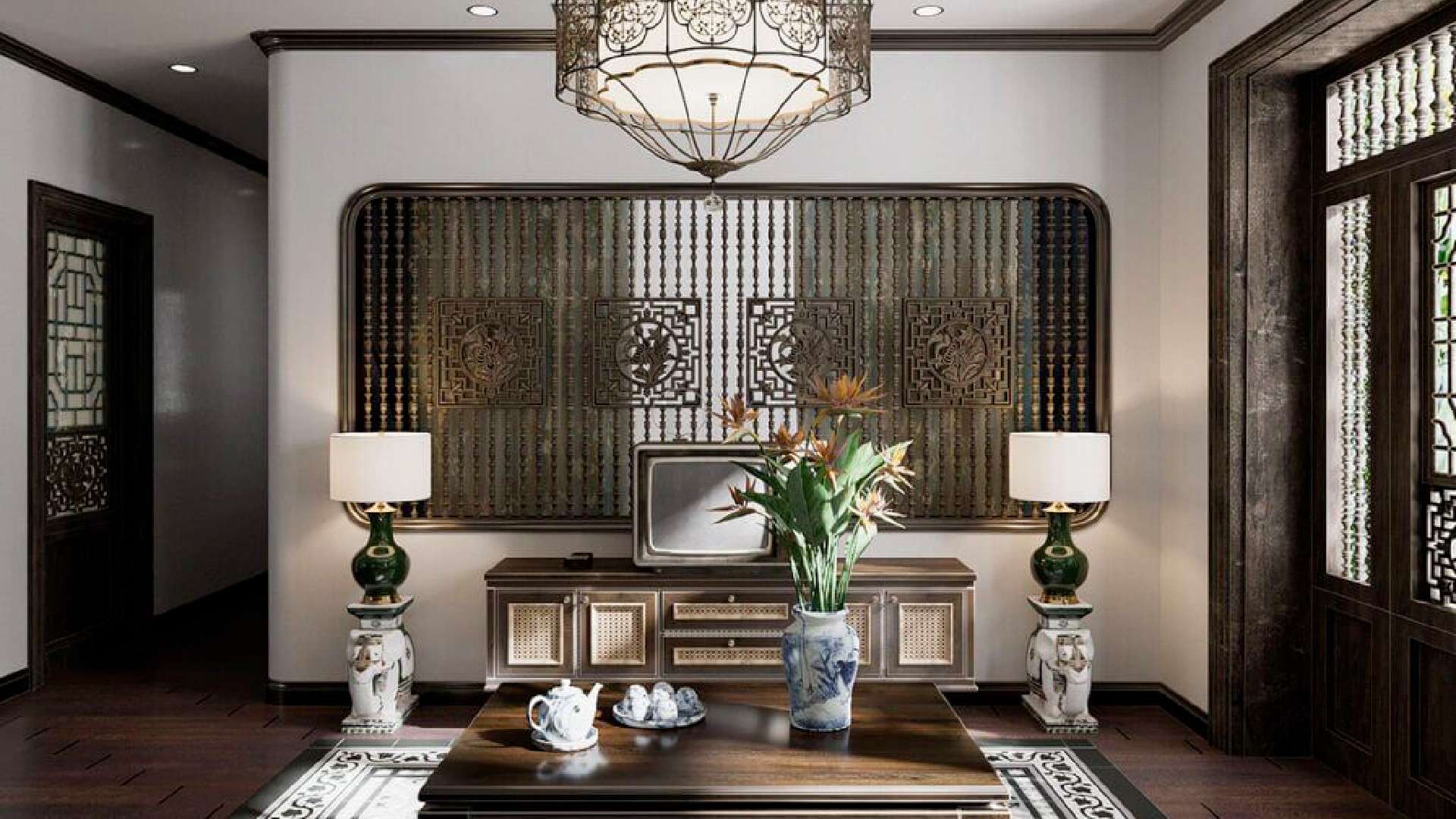 phòng khách phong cách indochine sàn gỗ công nghiệp