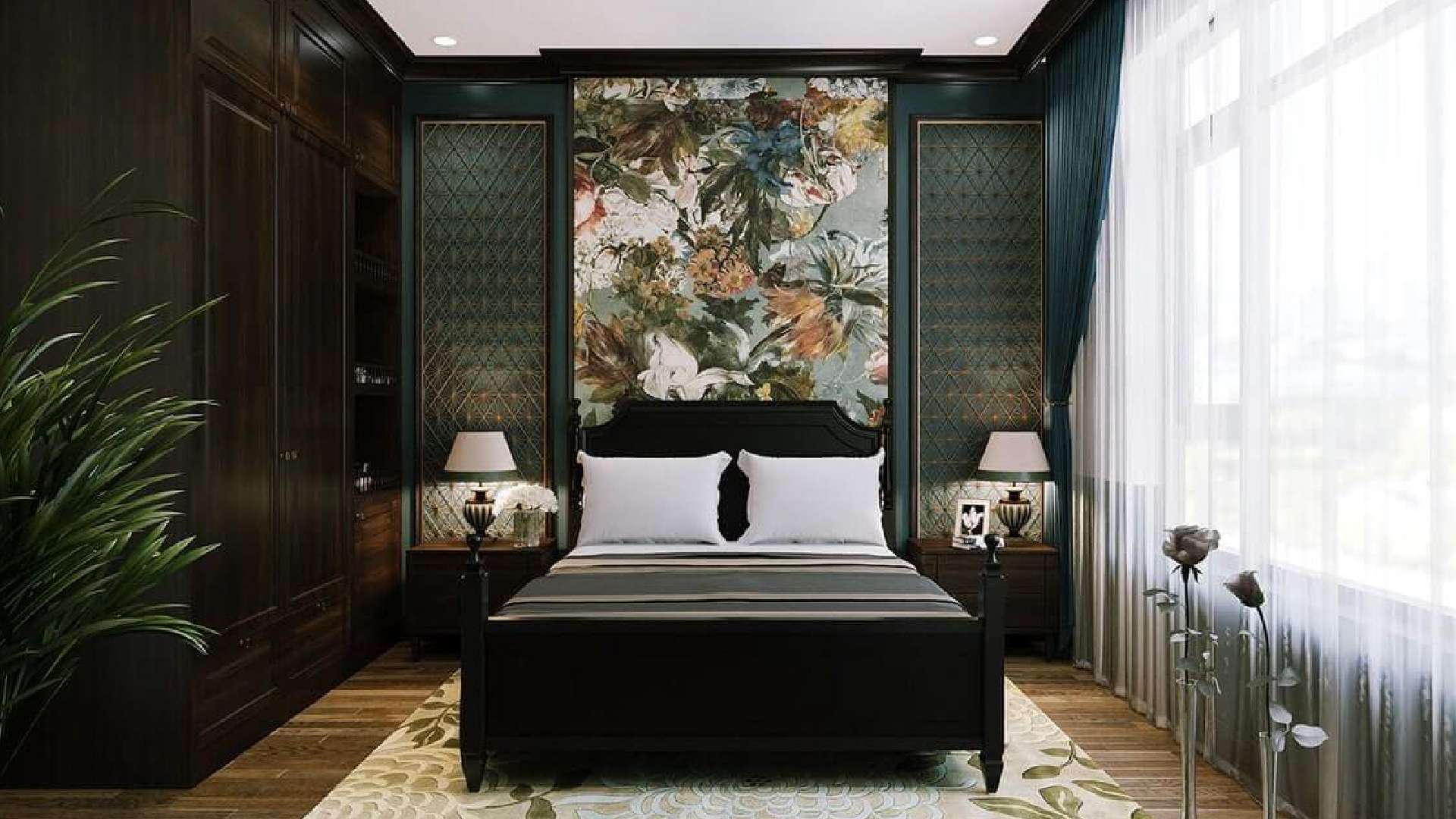 phòng ngủ phong cách đông dương với vách ốp tường gỗ công nghiệp