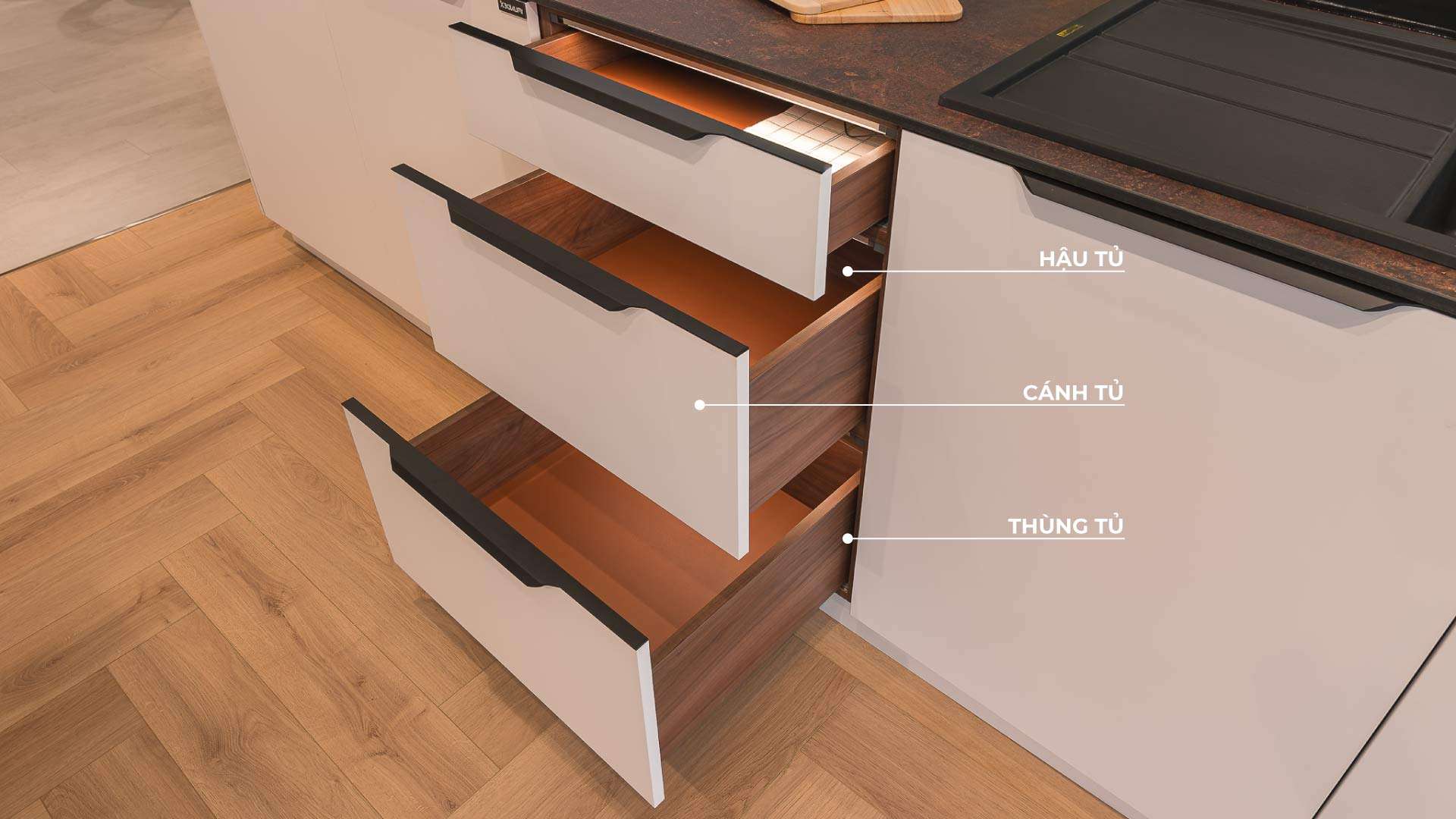 cấu tạo tủ bếp laminate
