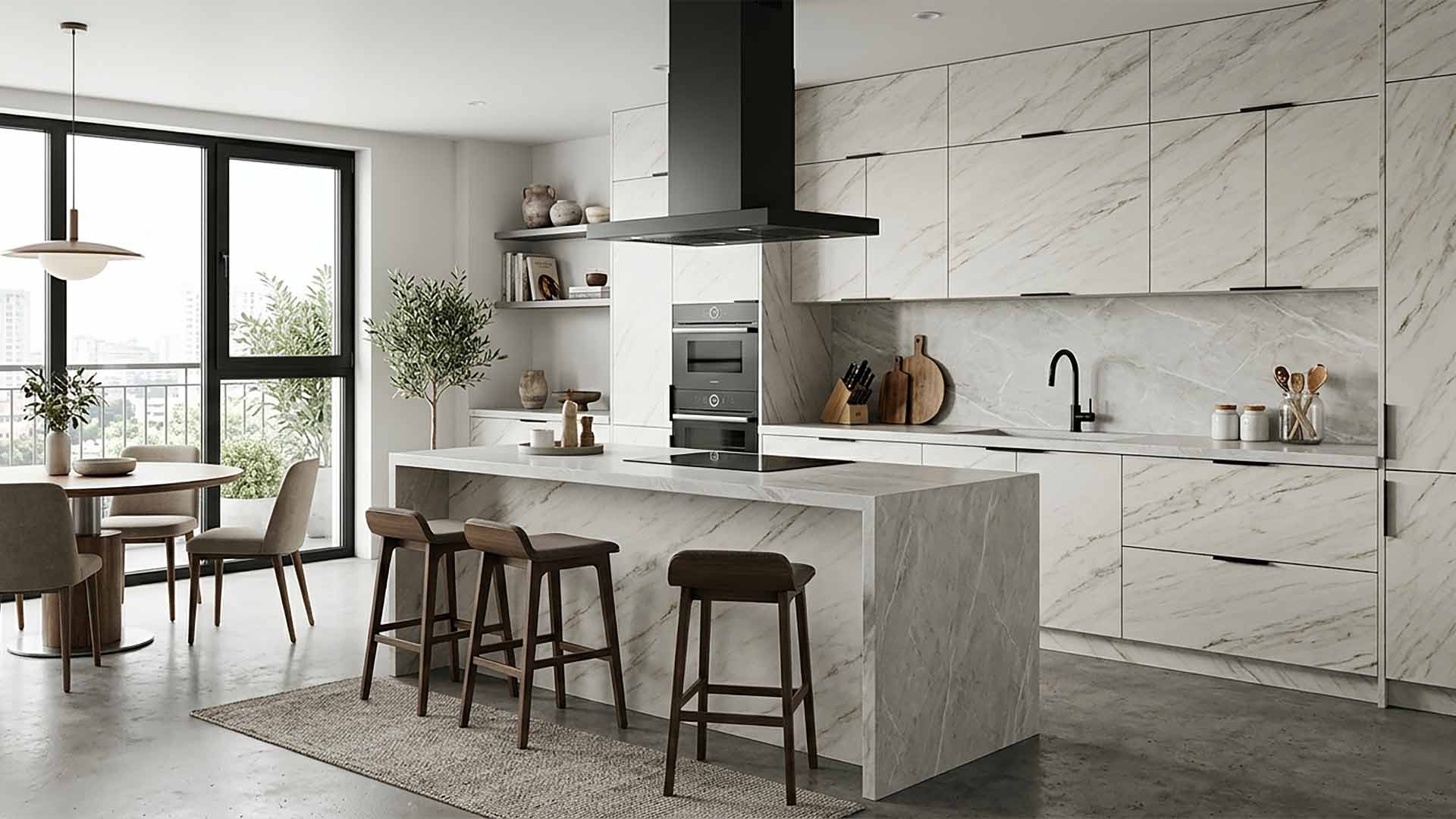 mẫu tủ bếp melamine màu vân đá đẹp