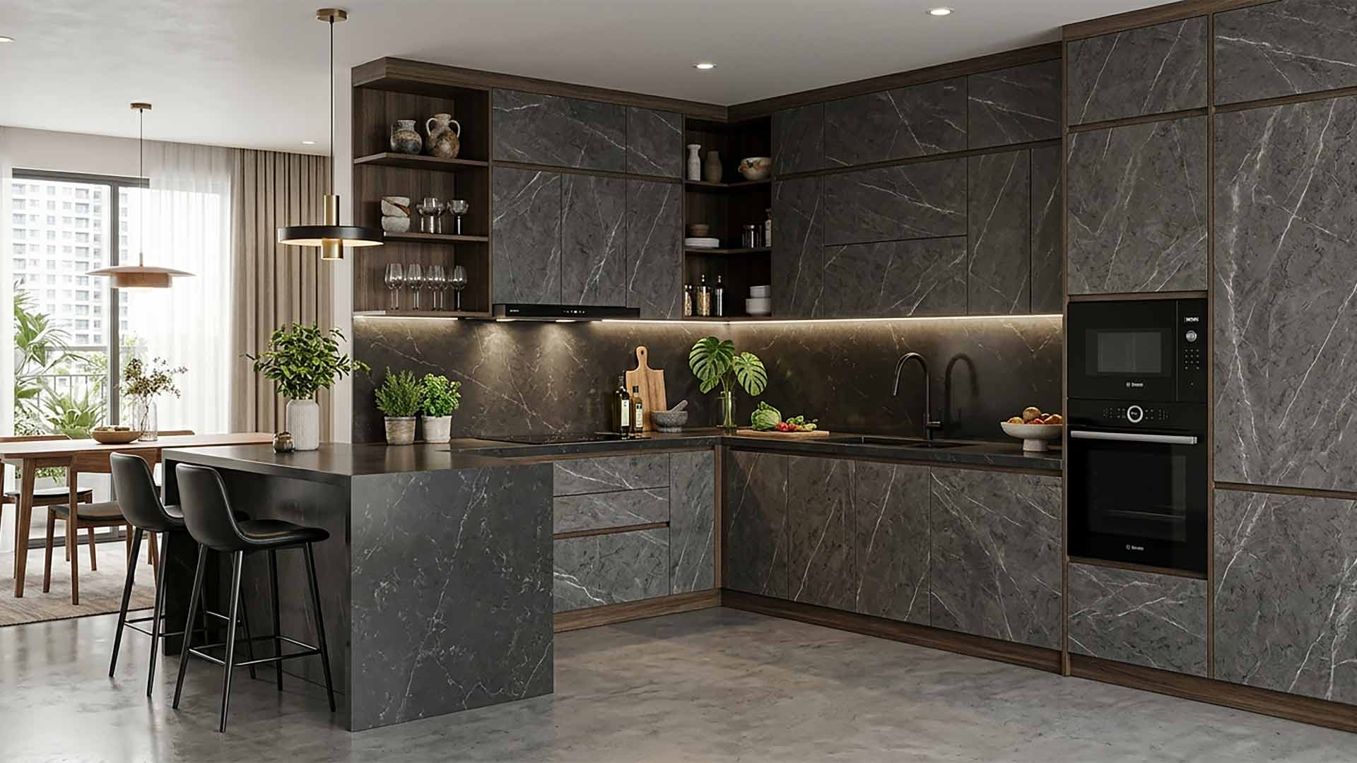 mẫu tủ bếp melamine màu vân đá