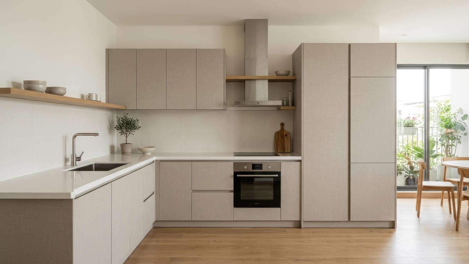mẫu tủ bếp melamine màu vân vải đẹp