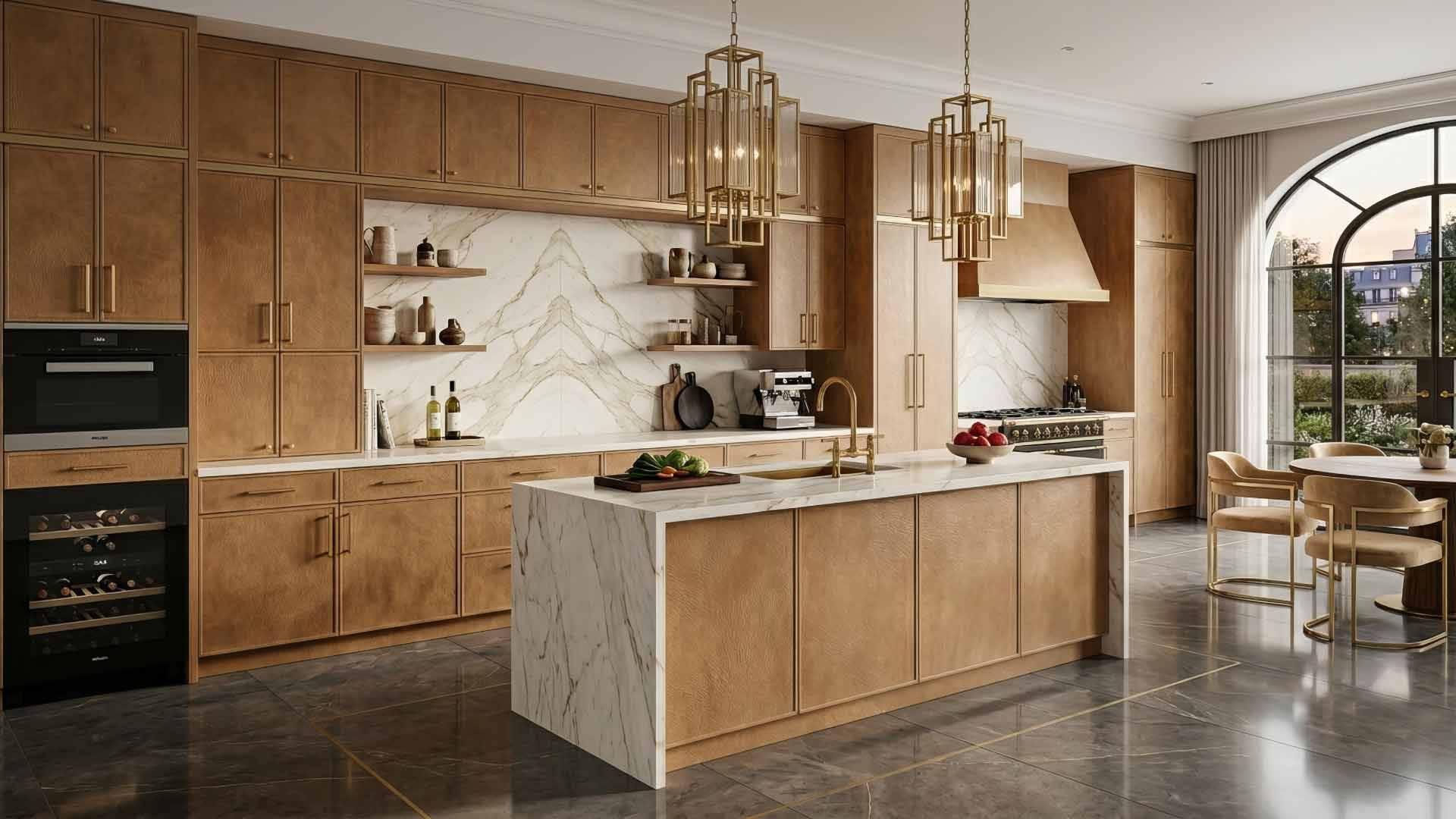 tủ bếp melamine màu giả da