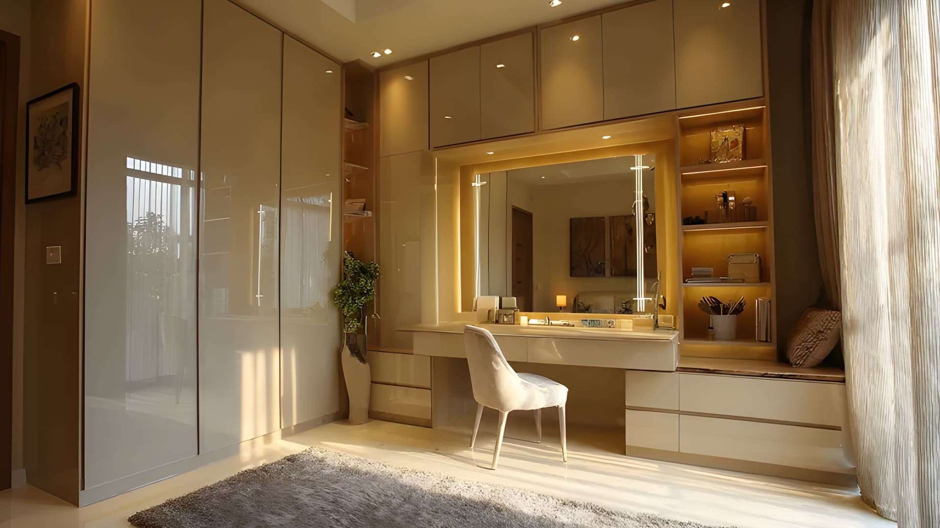 mẫu tủ quần áo phủ acrylic với bàn trang điểm