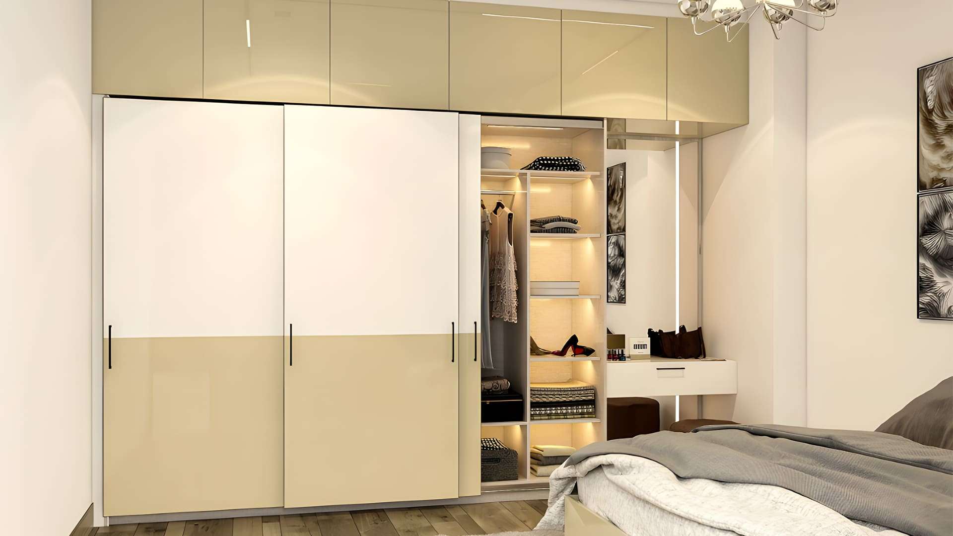 mẫu tủ quần áo phủ acrylic với kệ trang trí