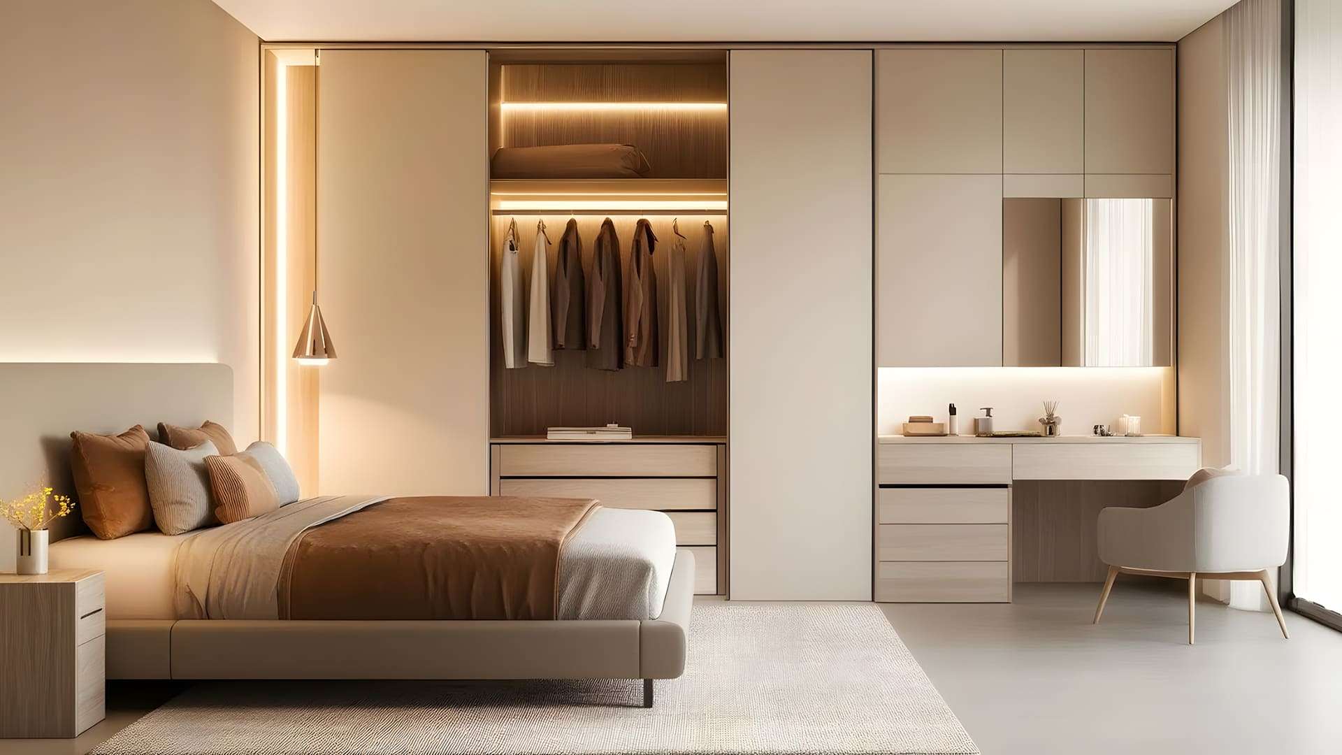 tủ quần áo phủ acrylic có bàn trang điểm