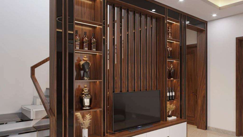 mẫu vách ngăn cầu thang kết hợp giá kệ